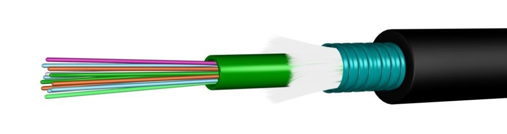 sezione e costruzione del cavo in fibra ottica armata metallico monomodale. Si vedono le diverse partiche compongono la guaina esterna fino alla fibra singola all'interno.